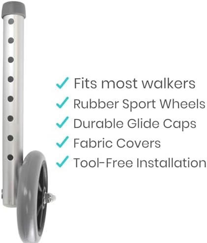 Vive Walker Wheels, Ski Glides, Accessories Covers for Seniors (6 PCS), Replacement Feet Parts Ball Set for Folding Medical Roller Safety- Front, Back Stability 5" Rubber, Bariatric - Universal Size