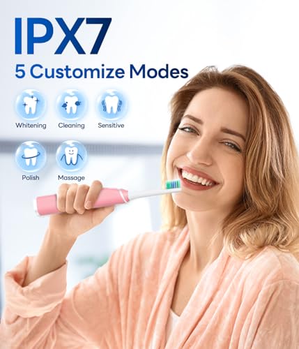 Bymore Electric Toothbrush for Adults,Travel Sonic Toothbrush with 8 Replacement Heads, Ultra Clean Rechargeable Toothbrush Portable Electric Toothbrush for Kids -Pink