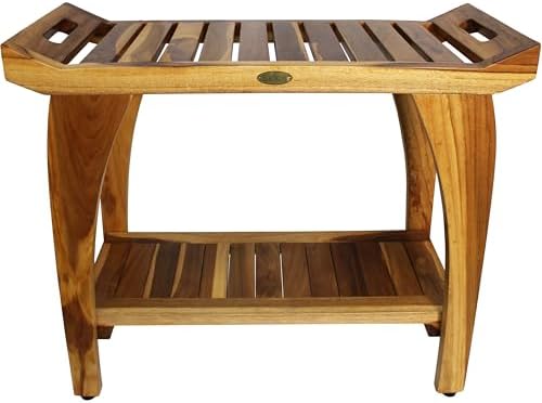 EcoDecors Tranquility 30 Inch Teak Wood Shower Bench with Shelf and LiftAide Arms in EarthyTeak Finish, Extended Height 24", Provides Safety, Storage, and Organization for Bathroom Accessories
