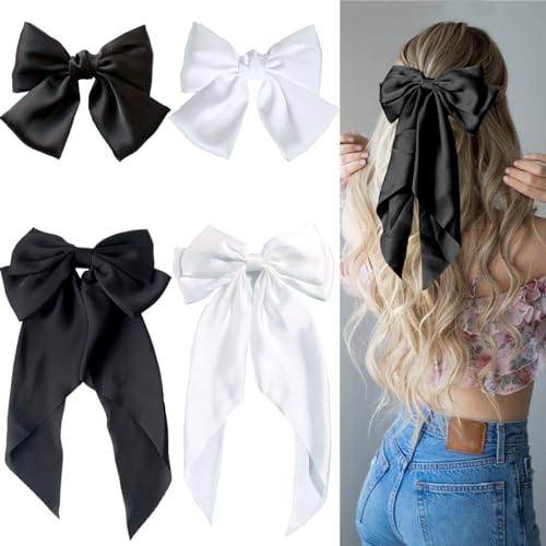 Silky Satin Hair Slides with Metal Clips - 4 Pieces Ribbon Barrettes, Large Bows, and Long Tail Accessories for Women and Girls (Black, White)