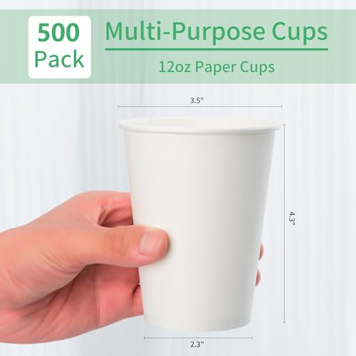 METAPRINT [500 Count] 12 oz Disposable Paper Coffee Cups, White Hot Paper Cups for Cafes, Bistros, Parties, and Events