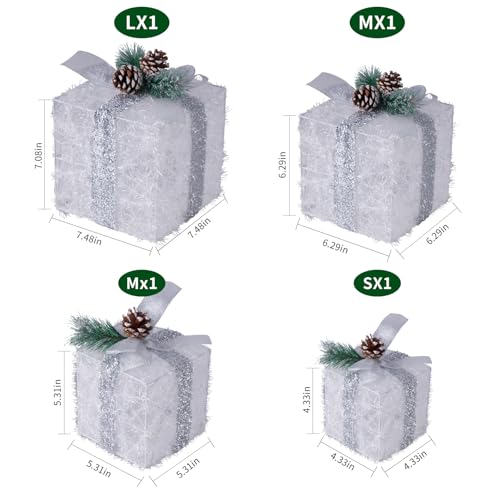 COVFEVER Set of 4 Christmas Lighted Gift Boxes, Pre-lit Lights Gift Boxes, Light up Present Boxes Set Battery Operated with Different Sizes for Holiday Indoor Outdoor Decorations