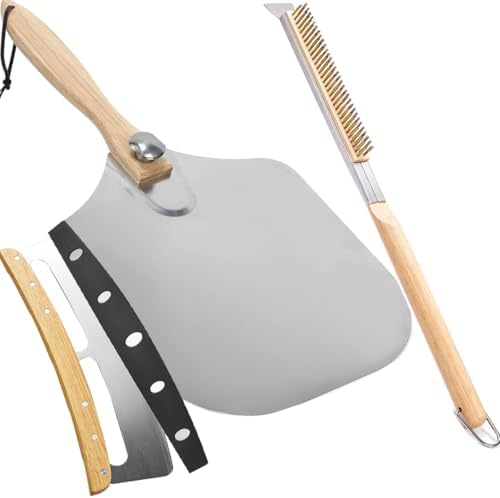 Pizza Oven Accessories Kit w/ 12 inch Pizza Peel, Pizza Oven Brush & Stone Scraper, 14 inch Pizza Cutter Rocker Blade - Tools & Supplies Set - Compatible with Outdoor Ooni, Gozney, Ninja, Solo Ovens