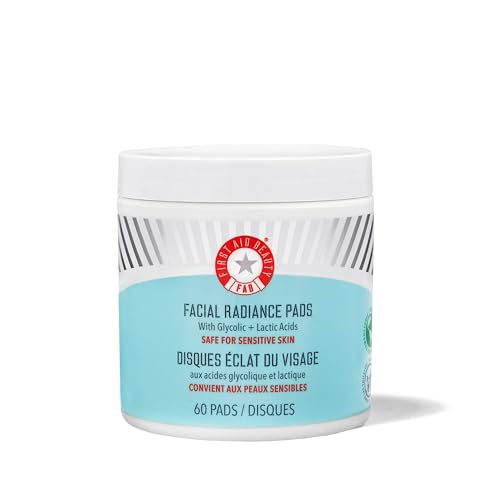 First Aid Beauty - Facial Radiance Pads with Glycolic & Lactic Acids – Daily Exfoliating Pads with AHA that Help Tone & Brighten Skin – Makeup Prep Pads - Compostable for Daily Use – 60 Pads