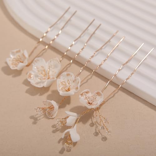 4Pcs Bridal Hair Pins Soft Ceramic Flower Bride Wedding Hair Accessories Hair Piece for Women and Girls - Gold