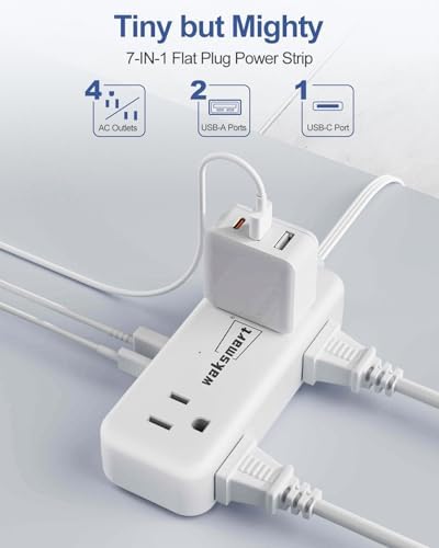 Flat Plug Power Strip - 5 Ft Thin Flat Extension Cord with 4 AC Outlets 3 USB Ports (5V/3.4A 17W), Flat Outlet Wall Plug Compact for College Dorm, Travel, Home, Office Desk Accessories