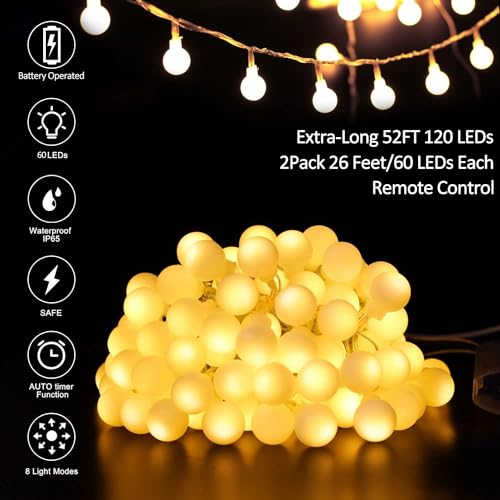 Battery Operated LED Globe String Lights, 2-Pack Total 52FT 120LEDs - Each 26FT 60LEDs 8 Mode Waterproof Christmas Fairy String Lights with Remote for Home Bedroom Garden Wedding Party Decoration