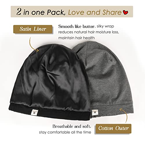 YANIBEST 2 Pcs Silk Bonnet Satin Bonnet Hair Cover Bonnet Sleep Cap - Adjustable Saty on Satin Lined Slouchy Beanie Hat for Women