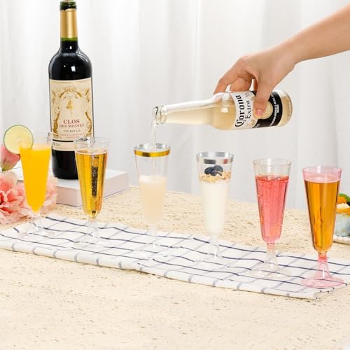 SUREHOME Champagne Flutes Plastic 100 Pack Gold Glitter Champagne Glasses Disposable Mimosa Glasses 5.5 Oz Sparkle Clear Acrylic Wedding Toasting Glasses Bulk for Party Bar Accessories Cocktail Cups