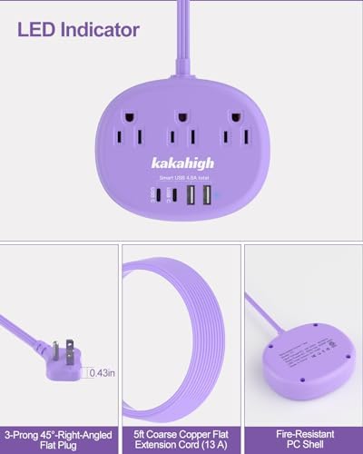 Purple Extension Cord - 10 FT Flat Extension Cord, 1625W Cute Extension Cord with 3 AC Outlet 4 USB (24W/4.8A), Compact for Cute Purple Kawaii Lavender Desk Accessories