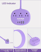Purple Extension Cord - 10 FT Flat Extension Cord, 1625W Cute Extension Cord with 3 AC Outlet 4 USB (24W/4.8A), Compact for Cute Purple Kawaii Lavender Desk Accessories