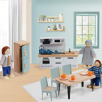 36pcs Wooden Dollhouse Furniture Set 5 Rooms with 4 Family Dolls, Wood and Plastic Blue Dollhouse Accessories, Pretend Play Furniture Toys Christmas Birthday Gift for Boys Girls & Kids Toddlers 3Y+
