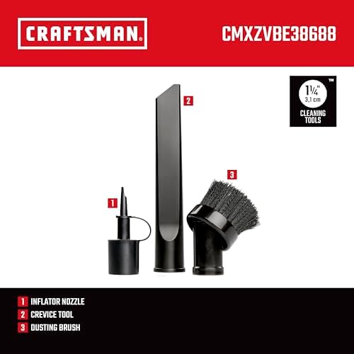CRAFTSMAN CMXZVBE38688 1-1/4 in. 3-Piece Accessory Wet Dry Vac Attachment Kit, Industrial-Grade Shop Vacuum Accessories for Inflating, Dusting and Detail Cleaning, Fits 1-1/4 in. Hose Diameter