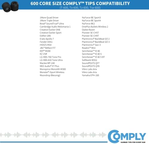 Comply 600 Core Series | Memory Foam Replacement IEM Ear Tips for Truthear, Sennheiser, Moondrop & More | Superior Noise Isolation, Ultimate Comfort, Secure Fit | Black (S/M/L) (3 Pairs)