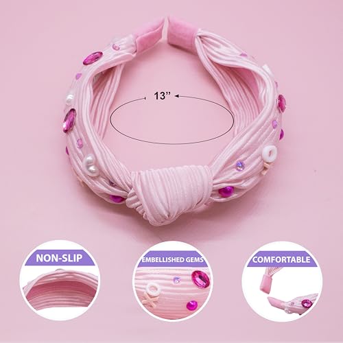 FROG SAC Top Knot Headband for Girls - Knotted Valentines Day Head Bands for Kids, Jeweled Rhinestone Vday Hair Band for Children, Pink Embellished Hair Accessories for Toddlers, Little Girl Hairband