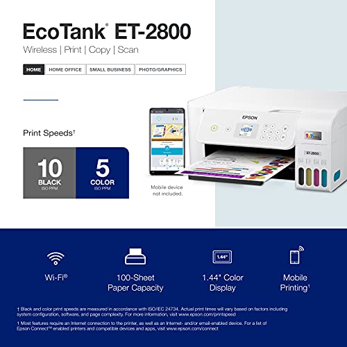 Epson EcoTank ET-2800 Wireless Color All-in-One Cartridge-Free Supertank Printer with Scan and Copy â€“ The Ideal Basic Home Printer - White, Medium