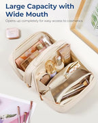 BAGSMART Travel Makeup Bag Large Capacity Cosmetic Bag, Wide-open Portable Make Up Bag Organizer for Women for Travel Essentials Travel-Size Toiletries Accessories Bottles, Brushes (Beige)