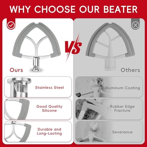 Flex Edge Beater for KitchenAid 4.5-5Quart Tilt-Head Stand Mixer, Stainless Steel Flat Beater Paddle, Fits KitchenAid Mixer Accessories & Attachments, with Silicone Edges Scraper