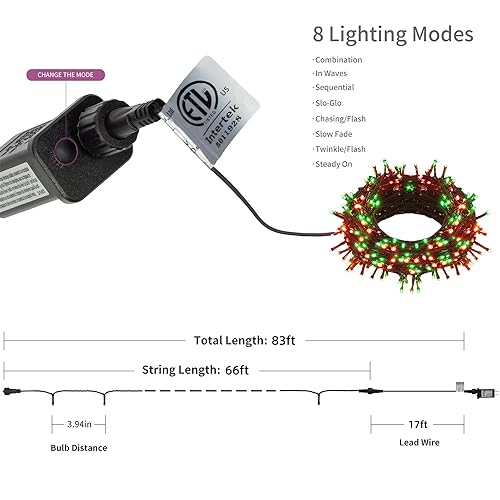 HOME LIGHTING 66ft Christmas Decorative Mini Lights, 200 LED Green Wire Fairy Starry String Lights Plug in, 8 Lighting Modes, for Indoor Outdoor Xmas Tree Wedding Party Decoration (Red & Green)