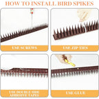 12 Pack of Bird Spikes - Covers 204" Plastic Bird Deterrent Spikes - Bird Deterrent Spikes Keep Pigeons, Squirrels, Raccoons, Cats, Crows Away - Anti-Bird Spike Guards for railings and Roofs (Brown)
