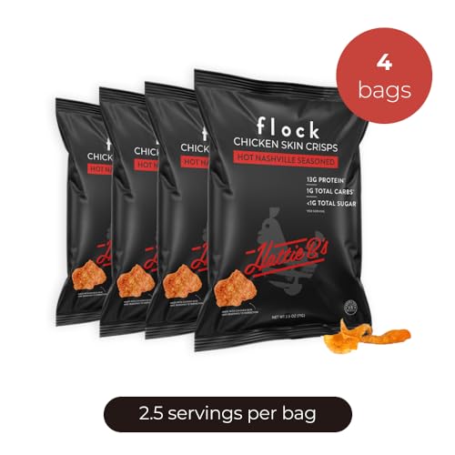 Flock Keto Chicken Skin Chips | Hattie Bs Nashville Hot Flavor | Keto Friendly, Low Carb, High Protein, Flavor Packed, Gluten Free Single Serve Snack | (2.5oz) 4-Pack