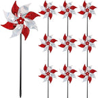 Hausse 10 Pack Reflective Pinwheels, Extra Sparkly Wind Sculptures for Garden Christmas Holiday Winter Decor, Bird Devices Deterrent to Scare Birds Away from Yard Patio Farm, Red & Silver