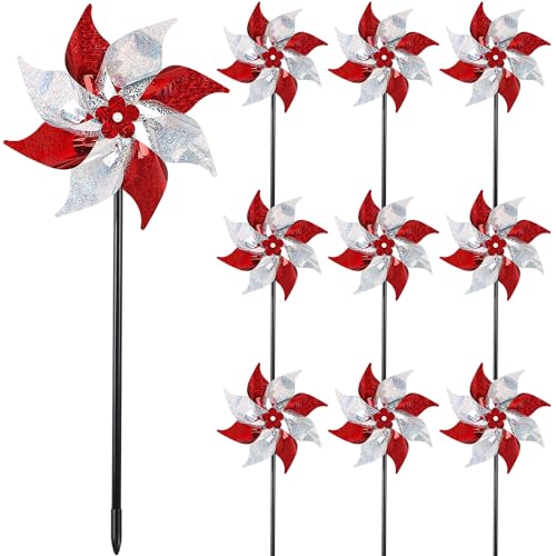 Hausse 10 Pack Reflective Pinwheels, Extra Sparkly Wind Sculptures for Garden Christmas Holiday Winter Decor, Bird Devices Deterrent to Scare Birds Away from Yard Patio Farm, Red & Silver