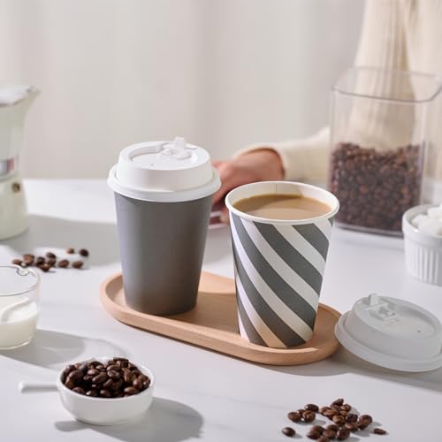 JOLLY CHEF 100 Pack 12 oz Paper Coffee Cups, Disposable Printed Drinking Cups with Lids for Home, Business, Restaurant and Cafe(Stripes and Grey)