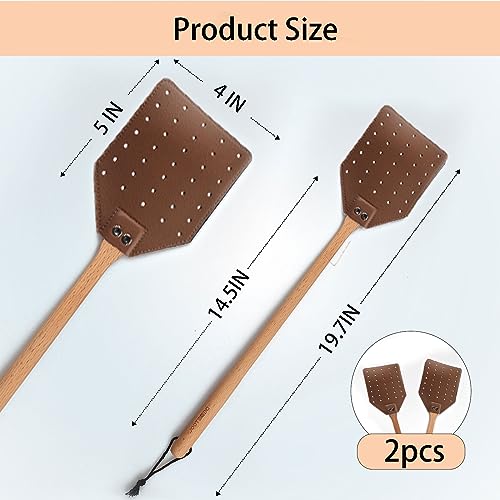DEBETOOL Fly Swatter Set - 2 Pack Wooden Leather Fly Swatter with Hanging Rope, Heavy Duty Fly Swatter for Indoors and Outdoors (2 Brown)