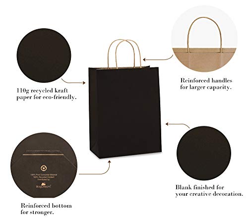 BagDream Kraft Paper Bags 8x4.25x10.5 Inches 100Pcs Gift Bags Party Bags Shopping Bags Kraft Bags Retail Bags Black Paper Gift Bags with Handles Bulk