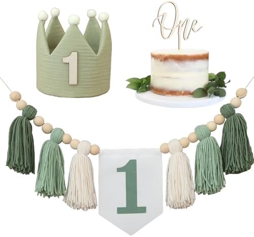 Wild One High Chair Banner For 1st Birthday Party Boy Decorations With Green Tassel Garland Crown Hat Cake Topper