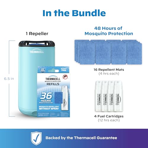 Thermacell Patio Shield Bundle - Mosquito Repeller + 36-Hour Refill Pack; Includes 4 Fuel Cartridges & 12 Repellent Mats for a Total of 48 Hours of Mosquito Repellent for Patio; ug Spray Alternative
