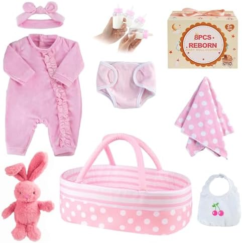 BABESIDE 8 Pcs Reborn Baby Doll Clothes with Bassinet for 17-22 Inch Baby Dolls, Baby Doll Accessories and Doll Clothes Outfit fit Newborn Baby Doll Girl, Babies Pretend Play Set (Not Doll)