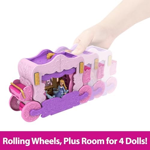 Mattel Disney Princess Toys, Carriage to Castle Transforming Playset with Aurora Small Doll, 4 Figures, Furniture & Accessories