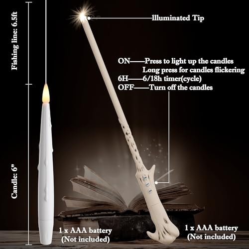 JOIONE Floating Candles with Wand, 12 Pack Halloween Flameless Candles Magic Hanging Taper Candles with Wand Remote, Battery Operated Candles for Halloween Christmas Birthday Party Decor White