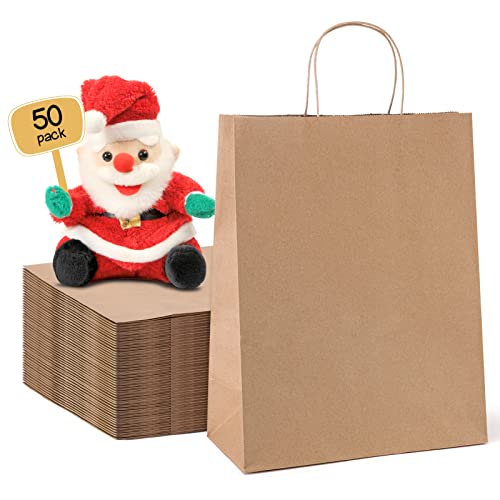 METRONIC Paper Gift Bags 10x5x13 50Pcs, Brown Kraft Paper Bags Medium Size with Handles, Gift Wrap Bags for Small Business, Heavy Duty Bulk Paper Shopping Bags for Clothing, Retail, Merchandise