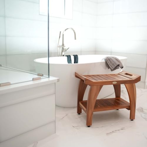 EcoDecors 24 Inch Tranquility Natural Color Waterproof Teak Wood Shower Bench Stool Seat Chair For Inside Shower Storage Shelf Provides Safety, Storage, and Organization For Bathroom Accessories