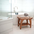 EcoDecors 24 Inch Tranquility Natural Color Waterproof Teak Wood Shower Bench Stool Seat Chair For Inside Shower Storage Shelf Provides Safety, Storage, and Organization For Bathroom Accessories