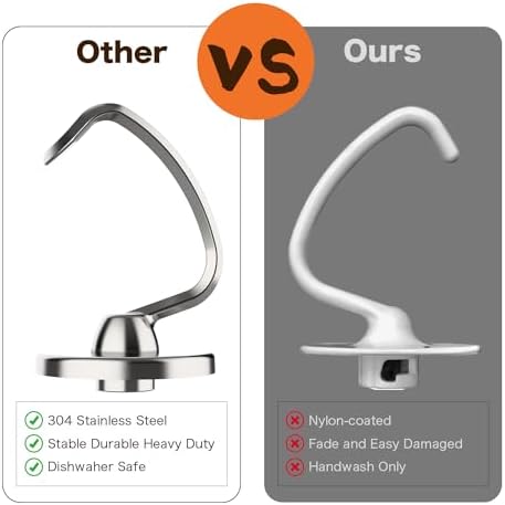 Stainless Steel Dough Hook Replacement for KitchenAid,4.5-5QT Tilt-Head Stand Mixer Attachment,Easy Clean & Heavy Duty (K45 KSM75/85/95/100/150/165/175/180/195)