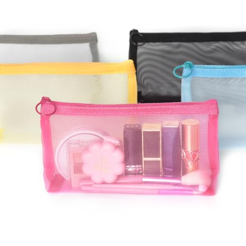 Patu Zipper Mesh Bags, Widened Pencil Case, 5 Pieces, Beauty Makeup Cosmetic Accessories Organizer, Travel Toiletry Kit Set Storage Pouch, Assorted Colors