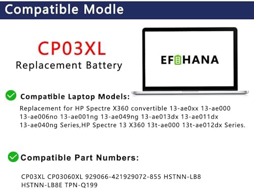 CP03XL 929072-855 Laptop Battery Replacement for Hp Spectre X360 Convertible 3-ae 13-ae0xx 13-ae000 13-ae013dx 13-ae049ng 13-ae001ng 929066-421 HSTNN-LB8E CPO3XL CP03060XL 11.55V 60.9Wh/5275mAh