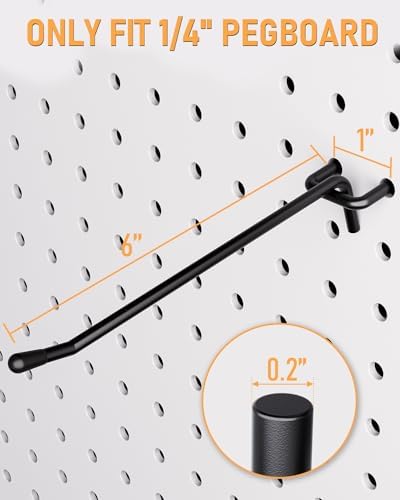 INCLY 60 Pack 6 Inch Black Pegboard Hooks, 1/4" Heavy Duty Peg Board Shelving Hooks Accessories, Peg Board Tool Hangers Only Fit 1/4" Pegboard Hanging Tools Garage, Craft Organizing, Kitchen, Store