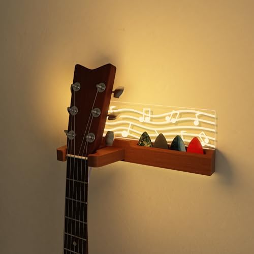 Light Up Guitar Stand Wall Mount, Solid Wood Guitar Hanger Shelf Accessories with Pick Holder, for Acoustic Electric Bass Ukulele Violin, Gift for Men Boyfriend Music Lovers Guitar Players Guitarist
