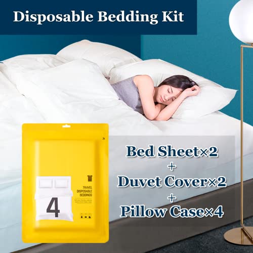 Extguds Disposable Travel Set : Bed Sheet×2+Duvet Cover×2+Pillow case×4+Bath Towels×4+Shower Caps×4+Plastic Bathtub Bag×4+Toilet Seat Covers×4+Compression face Towel×16+Toothbrushes×4+Slippers×4