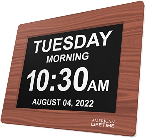 【New 2023】American Lifetime Dementia Clock Large Digital Clock for Seniors, Digital Clock Large Display with custom Alarms Clock with Day & Date for Elderly Large Number Digital Clock Brown Wood Color