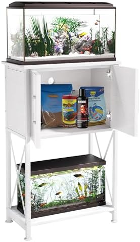 5-10 Gallon Fish Tank Stand, Metal Double Aquarium Stand with Cabinet for Fish Tank Accessories Storage, Heavy Duty 20.5" L* 11.02" W Tabletop, 500LBS Capacity White PG06YGW