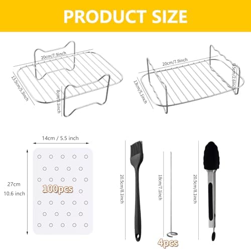 Ninja Dual Air Fryer Accessories, 2Pcs Air Fryer Rack, BBQ Rack with 4 Skewers, for Ninja Foodi DZ201 DZ401 and Ninja 8QT-10QT Air Fryers, 100 Paper Liners - 5Pcs Set