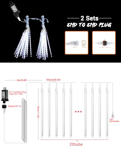 Cool White 20 Tubes Meteor Shower Icicle Lights 480 LED Raindrop Lights with Timer Function Cascading Lights Falling Rain Lights for Holiday Party Christmas Decorations