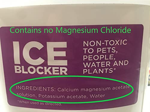 Chloride Free Liquid Ice Blocker: Safe for Pets, Plants and The Environment. Easy to use and Store, cuts cleanup time by eliminating ice Removal. One Gallon Replaces 120 pounds of ice melt.