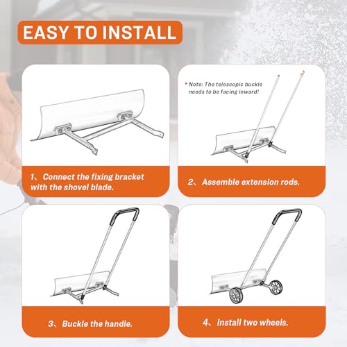 Booroh Wide Snow Shovel with Wheels 37" x 9.8", Snow Plow with ABS Reversible Blade, Snow Pusher with 90° Adjustable Handle, Ideal Snow Removal Tool for Driveway, Walkway, Sidewalk, Deck